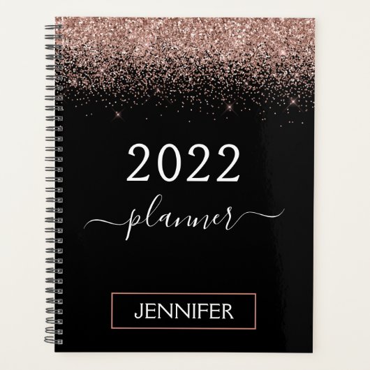2022 Roze Goud Roze Roze en Zwarte Glitter Monogra Planner (Voorkant)