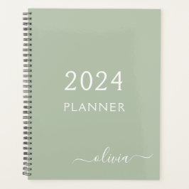 2022 Sage Green Script Monogram Name Modern Planner