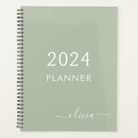 2022 Sage Green Script Monogram Name Modern Planner (Voorkant)