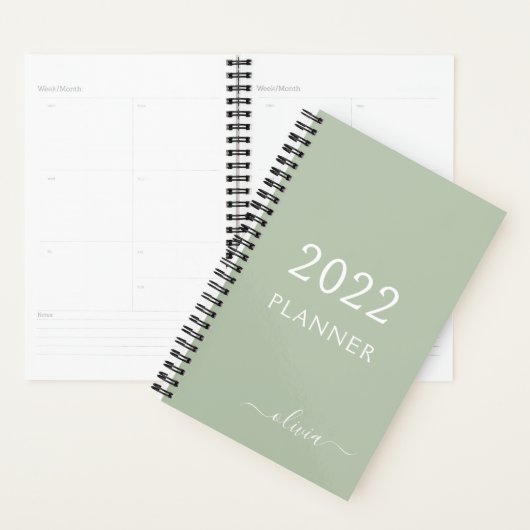 2022 Salie Groene Meisjesachtige Script Monogram N Planner (Display)