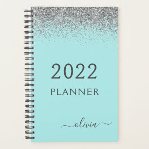 2022 Silver Aqua Blue Blauwgroen Glitter Monogram Planner