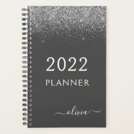 2022 Silver Grey Girly Glitter Monogram Name Planner