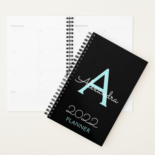 2022 Teal Aqua Blauwe Zwarte Monogram Elegant Planner (Display)