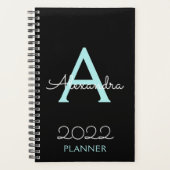2022 Teal Aqua Blauwe Zwarte Monogram Elegant Planner (Voorkant)