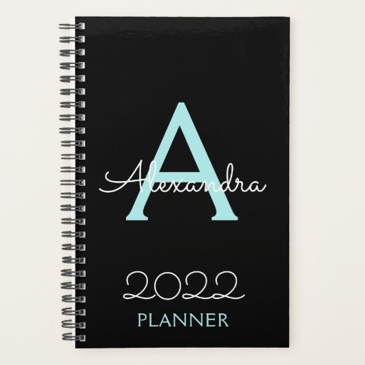 2022 Teal Aqua Blauwe Zwarte Monogram Elegant Planner (Voorkant)