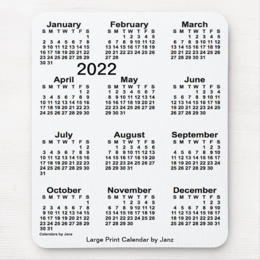 2022 White Large Print Calendar van Janz Muismat (Voorkant)