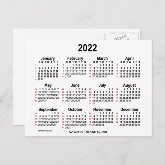 2022 Witte agenda van 52 weken, van Janz Briefkaart (Voorkant / Achterkant)