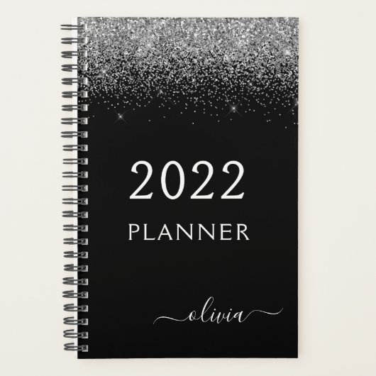 2022 Zilver Zwart Glitter Glam Monogram Planner (Voorkant)