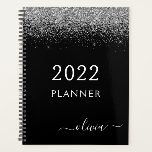 2022 Zilver Zwart Glitter Monogram Moderne Luxe Planner (Voorkant)