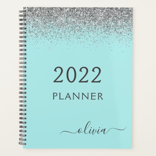2022 Zilveren Aqua Blauw Turquoise Glitter Monogra Planner (Voorkant)