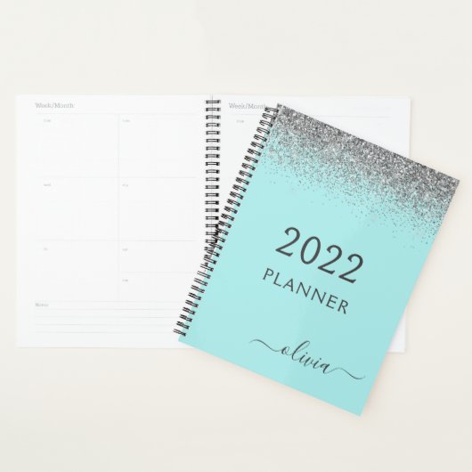 2022 Zilveren Aqua Blauwe Teal Glitter Monogram Planner (Display)
