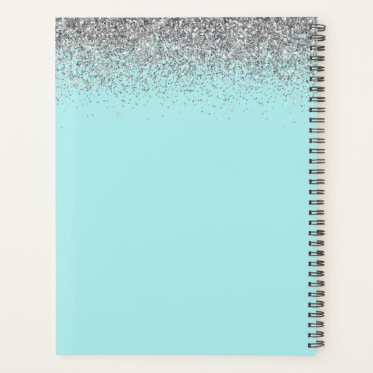 2022 Zilveren Aqua Blauwe Teal Glitter Monogram Planner (Achterkant)