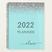 2022 Zilveren Aqua Blauwe Teal Glitter Monogram Planner (Voorkant)