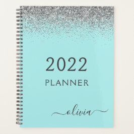 2022 Zilveren Aqua Blauwe Teal Glitter Monogram Planner