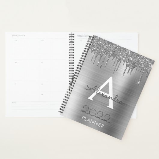 2022 Zilveren Glitter Glam Monogram Modern Planner (Display)