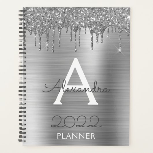 2022 Zilveren Glitter Glam Monogram Modern Planner (Voorkant)