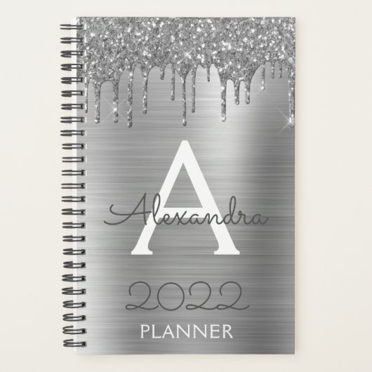 2022 Zilveren Glitter Glam Monogram Moderne Planner (Voorkant)
