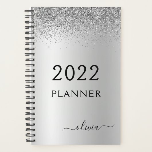 2022 Zilveren Glitter Monogram Zwart Meisje Planner (Voorkant)