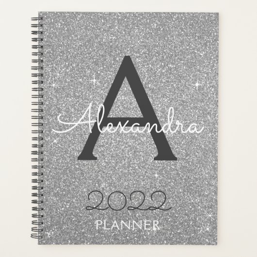 2022 Zilveren glitter Sparkle Monogram Planner (Voorkant)