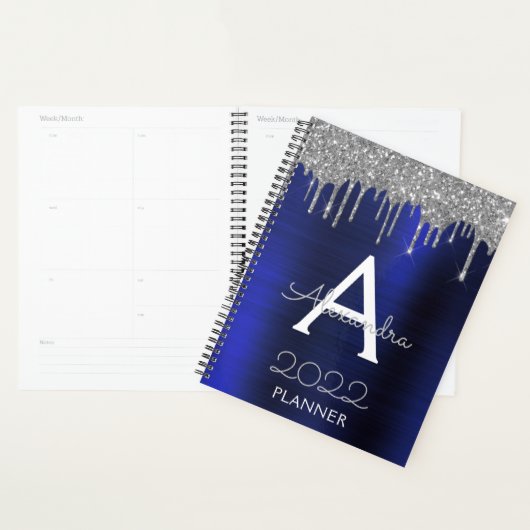 2022 Zilveren Navy Blauwe Glitters Glam Monogram Planner (Display)