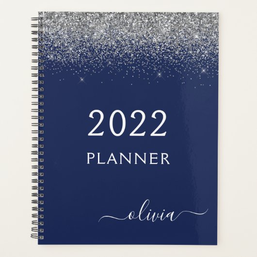 2022 Zilveren Navy Blauwe Glitters Glans Monogram Planner (Voorkant)