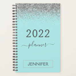 2022 Zilveren Teal Aqua Blauwe Glitter Monogram Me Planner
