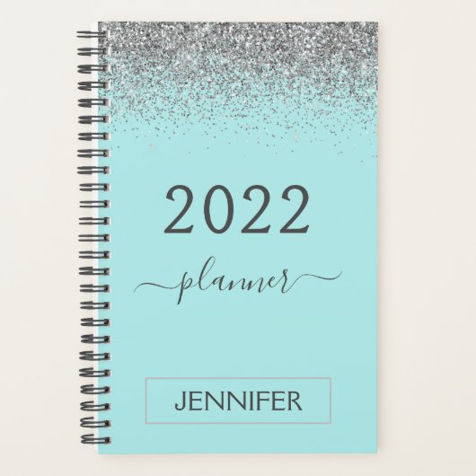 2022 Zilveren Teal Aqua Blauwe Glitter Monogram Me Planner (Voorkant)