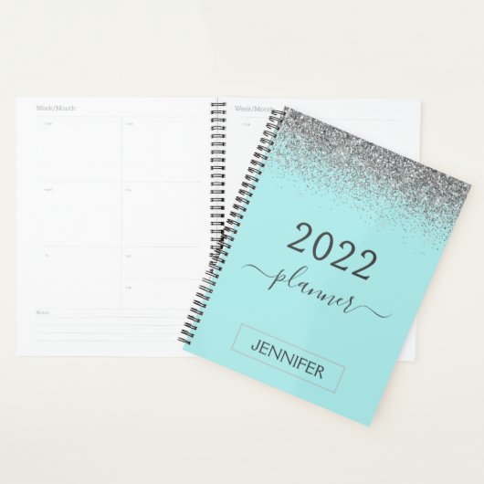 2022 Zilveren Teal Aqua Blauwe Glitters Monogram M Planner (Display)