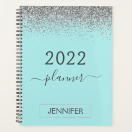 2022 Zilveren Teal Aqua Blauwe Glitters Monogram M Planner