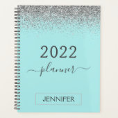 2022 Zilveren Turquoise Aqua Blauwe Glitter Monogr Planner (Voorkant)