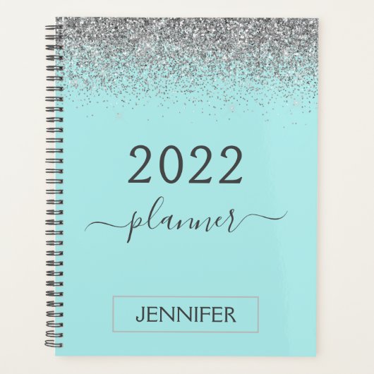2022 Zilveren Turquoise Aqua Blauwe Glitter Monogr Planner (Voorkant)