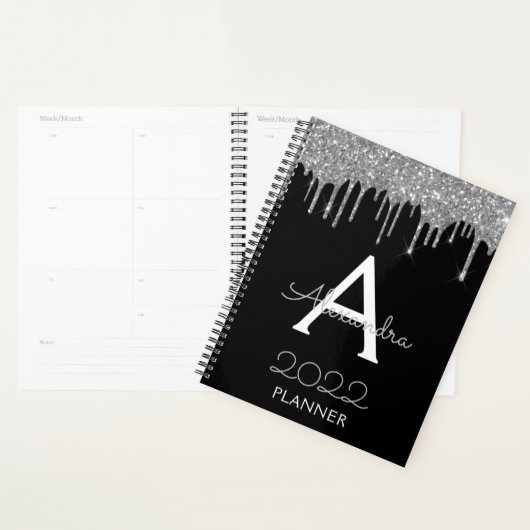 2022 Zilveren Zwarte Glitter Monogram Modern Planner (Display)