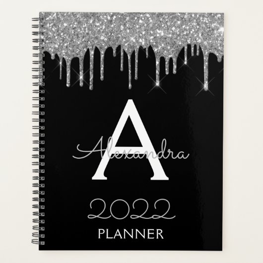 2022 Zilveren Zwarte Glitter Monogram Moderne Planner (Voorkant)