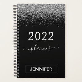 2022 Zwart Zilver Glitter Monogram Meisjesachtig Planner