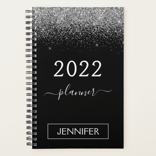 2022 Zwart Zilver Glitter Monogram Meisjesachtig Planner (Voorkant)