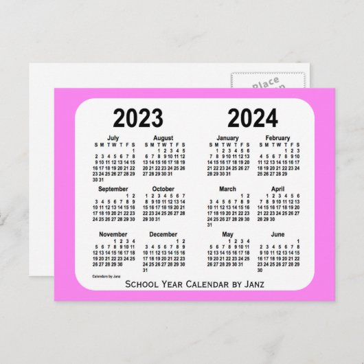2023-2024 Schoolkalender Roze Mini van Janz Briefkaart (Voorkant / Achterkant)