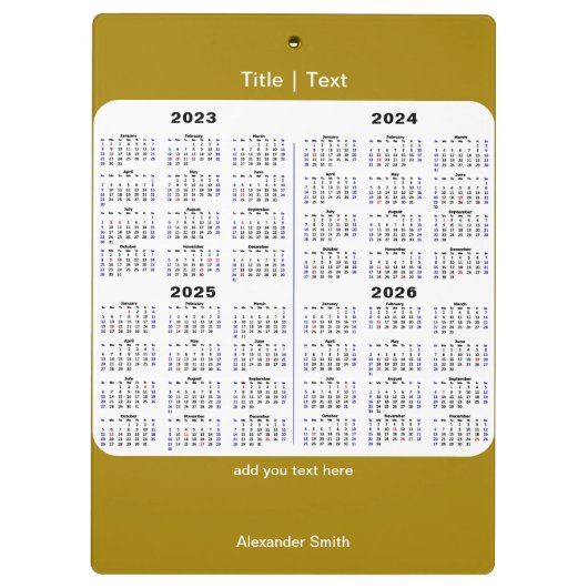 2023-2026 Calendar Gold Glitter Script Full Photo Klembord (Achterkant)