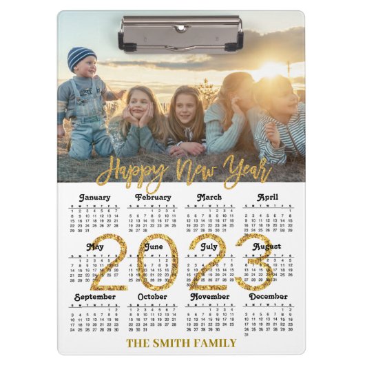 2023-2026 Calendar Gold Glitter Script Full Photo Klembord (Voorkant)