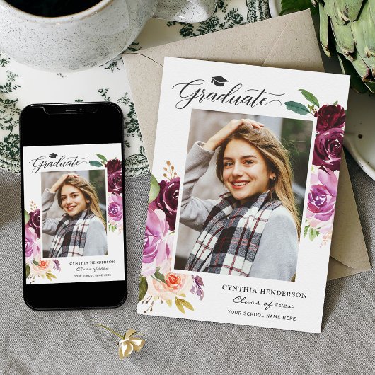 2023 Afstuderen Afstuderen van plum Paars Floral G Aankondiging