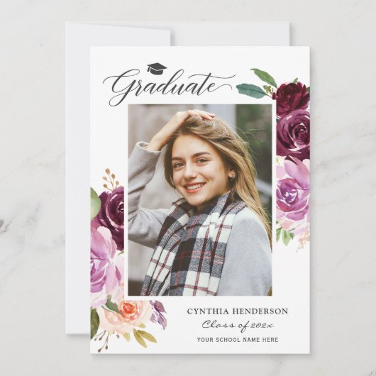 2023 Afstuderen Afstuderen van plum Paars Floral G Aankondiging (Voorkant)