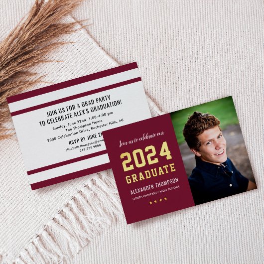 2023 Afstuderen Burgundy Gold Graduation Party Fot Folie Uitnodiging