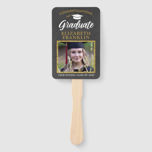 2023 Afstuderen Chalkboard Gold Glitter Foto Handwaaier (Voorkant)