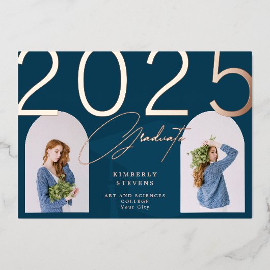 2023 afstuderen elegant minimalistisch aangepast 2 folie uitnodiging (Voorkant)