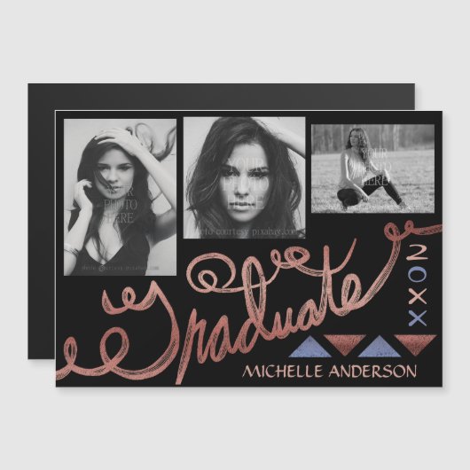 2023 Afstuderen Faux Roos Gold Text Foto Collage Magnetische Uitnodiging (Voorkant / Achterkant)