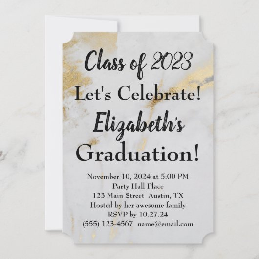 2023 Afstuderen Gold Grey Marble met zwarte tekst Kaart (Voorkant)