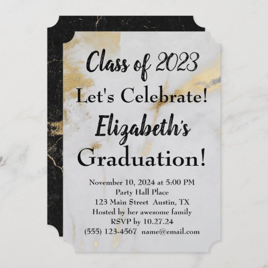 2023 Afstuderen Gold Grey Marble met zwarte tekst Kaart (Voorkant / Achterkant)