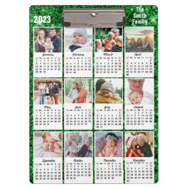 2023 Agenda 12 Familie Foto Modern Green Glitter Klembord
