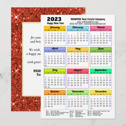 2023 Agenda Red Glitter Moderne Business Feestdagenkaart (Voorkant / Achterkant)