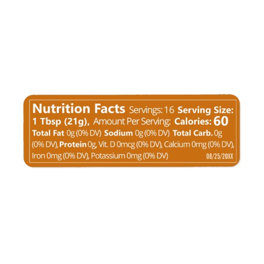 2023 Amber Gold Honey Voedingsfeiten Etiket (Voorkant)