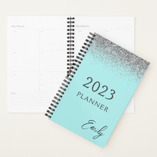 2023 Aqua Blauw Teal Zilver Glitter Monogram Planner (Display)